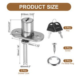 PATIKIL 2Pcs Drawer Lock with Keys, 16mm(5/8") File Cabinet Lock Keyed Different Steel Lock Cylinder Desk Locks for Office Wardrobe Locker Showcase, Silver