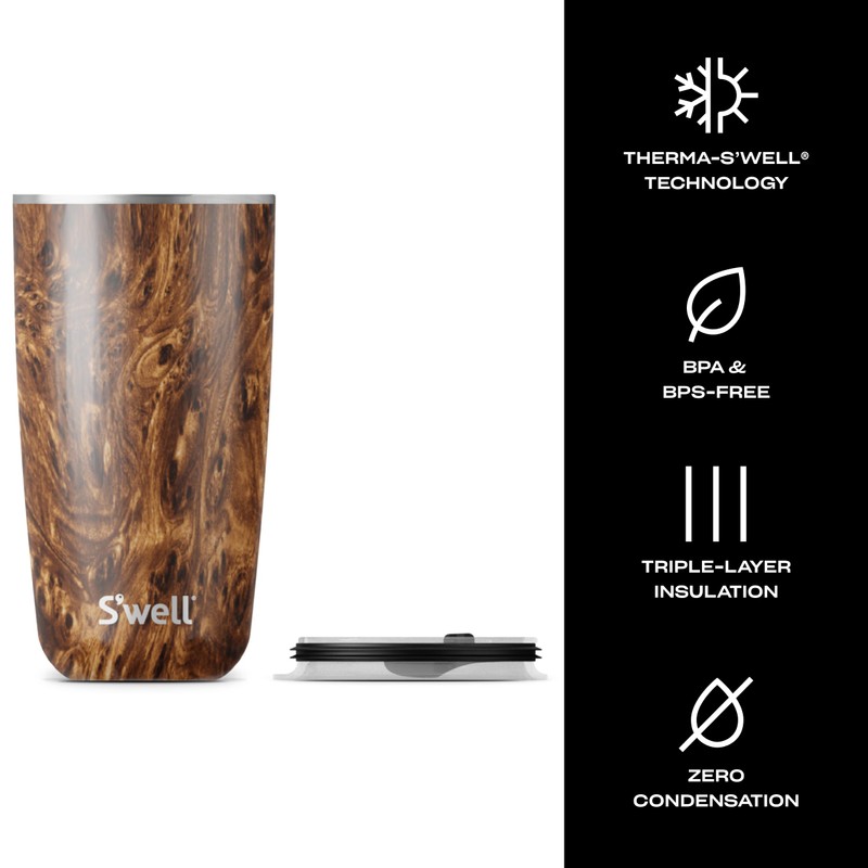 S'well Stainless Steel Tumbler with Slide-Open Lid, 18oz, Teakwood, Triple