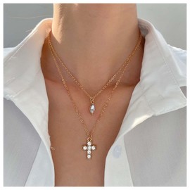 Inilbran Boho Layered Rhinestone Cross Necklace Gold Crucifix Cross Choker Necklace Vintage Jesus Cross Crystal Necklace Chain Sparkly Crystal Cz Cross Necklace Necklace Jewelry for Women and Girls
