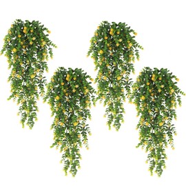RECUTMS Pack of 4 Hanging Eucalyptus Plant Artificial Ivy Flower Vine Large Faux Wall Plants UV Resistant Greenery for Outdoor Patio Home Shelf Office Indoor Decor Yellow