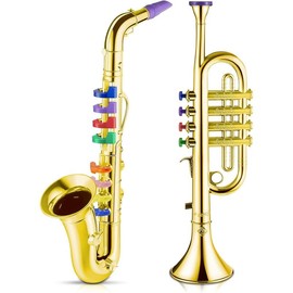 Set of 2 musical instruments include toy trumpet and saxophone set plastic trumpet educational toy home school music gift, color keys(gold) - Color: Gold, Size: Default