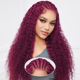 Sailk 13x6 Lace Front Wigs Human Hair Pre Plucked Braid Wigs Glueless Wigs 99j burgundy Colored Wigs Jerry Curly Human Hair Wigs 180% Density Curly Wigs Natural Hairline With Baby Hair(28 inch)