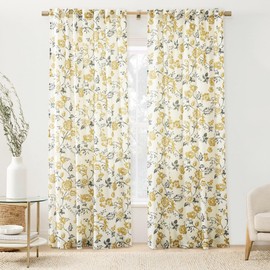 LIMON HOME Yellow and Grey Floral Curtains 84 Inches Long for Living Room Flower Watercolor Pattern Print Non-See-Through Curtains for Bedroom Window Retro Country Farmhouse Curtain 2 Panels