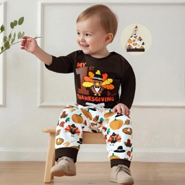 My First Thanksgiving Baby Boy Outfit Letter Long Sleeve Romper Turkey Pants Hat Set Infant Fall Winter Clothes (Brown, 3-6 Months)
