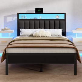 Furnulem Full Size Bed Frame with Charging Station and LED Lights, Platform Bed with Metal Slats, Grey Upholstered Headboard with 2-Tier Storage Shelves, No Box Spring Needed