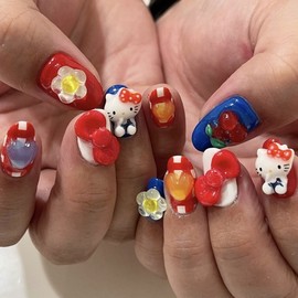 [Overseas] Kitty Nail Plate Cat Character Ribbon Heart Dress Short 3D Flower Check Nail Kt Cat Heart St3570 [ Includes wearing kit] 4ea