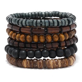 JAVMOO Wooden Beads Bracelet for Men Leather Wrap Hemp Cords Wood Beads Ethnic Tribal Bracelets Wooden Wristbands