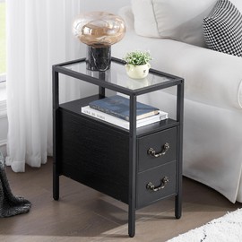VECELO End Tables, 24" Height Narrow Nightstands Modern Tall Night Stand with Drawers and Shelf for Living Room, Bedroom,Tempered Glass, Set of 1, Classic Black