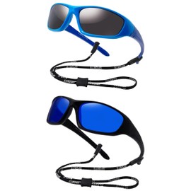 COOLSOME Kids Bendable Polarized Sunglasses for Boys Girls Age 3-10 with Strap (blue+black 2 pcs)