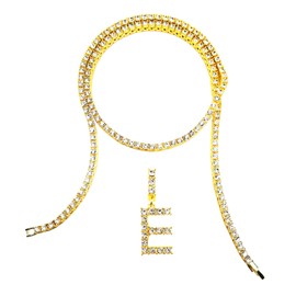 HH Bling Empire Iced Out Hip Hop Gold Faux Diamond Alphabet Letter Lucky Number Tennis Chain 20 Inch (Letter E -1)