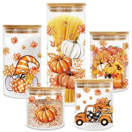 JarThenaAMCS 5 Pack Fall Glass Storage Jars with Airtight Lid Pumpkin Gnome Truck Decorative Canister Set for Autumn Harvest Thanksgiving Farmhouse Home Kitchen Countertop