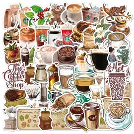 50 Vintage Coffee Stickers - Aesthetic Waterproof Vinyl Stickers for Water Bottle, Laptop, Scrapbook, Journaling
