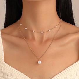 Allereya Vintage Layered Pearl Pendant Necklace Pearl Choker Necklace Gold Pearl Station Chain Necklace Round Pearl Necklace Jewelry for Women and Girls