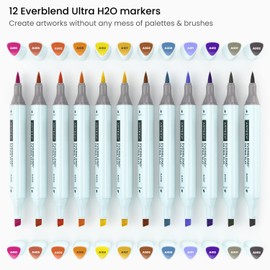 Arteza Dual Tip Brush Pens, 12 Vintage Tones, EverBlend Watercolor Calligraphy Markers, Nylon Brush and Medium Chisel Nib, Water-Based Ink