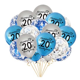 20th Birthday Balloons, 21 Pack Silver Blue Happy 20th Birthday Latex Confetti Balloons for Men Women Birthday Anniversary 20 Years Old Birthday Party Supplies (20th)