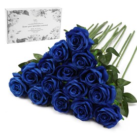 Blue Fake Roses Artificial Flowers - 16 Pcs Fake Artificial Roses Silk Flowers with Stems for Home Wedding Hotel Office Centerpiece Decor