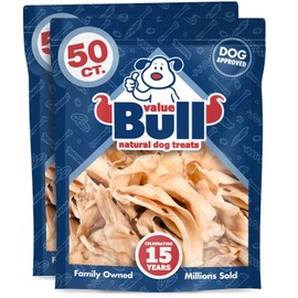 ValueBull Cow Ears, Varied Shapes, 3-6 Inch, 100 Count - All Natural Dog Treats, Angus Beef, Single Ingredient Rawhide Alternative, Cleans Teeth & Gums