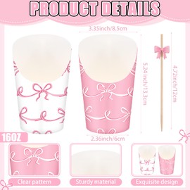 Reallnaive 250 Pcs Pink Bow Charcuterie Cups with Picks Set 50 Pcs 16oz French Fries Cups 200 Pcs Cocktail Picks Disposable Snack Cups Fruit Sticks Bachelorette Party Supplies Birthday Party Decor
