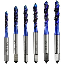 Wolfride 6Pcs Spiral Flute Tap Set, HSS Machine Screw Taps SAE Thread Tapping Tool Blue Coated Spiral Taps Drill Bits 6-32NC 8-32NC 10-24NC 10-32NC 12-24NC 1/4-20NC