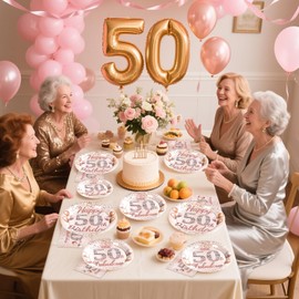 Grencian 96 Pcs 50th Birthday Party Supplies for Women Rose Gold 50 Years Old Paper Plates and Napkins Tableware Set 50th Birthday Decorations for Ladies Women Fifty Years Old Party Serves 24