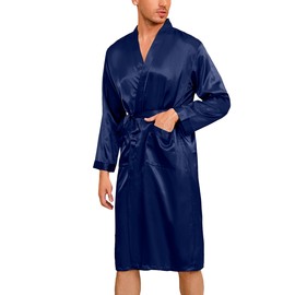 Irdcomps Men's Satin Robe Kimono Dressing Gown Long Bathrobe Lightweight Silk Sleepwear Pyjamas for Men with Belt S-XXL, blue