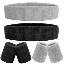 IMAGERIO 6 Pieces Sweatband Set Sports Headband Wristband Set, Moisture Wicking Athletic Sweatbands 4 Wrist Sweatband and 2 Headbands, Terry Cloth Sweat Absorbing Head Band for Workout -Black & Gray