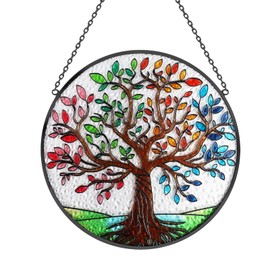 Stained Glass Sun catcher with Tree of Life,Hand-Painted Window Hanging Ornament Suncatcher Gift for Christmas,Easter,Mother's Day,Indoor,Outdoor Window,Garden,Home Decor 8"