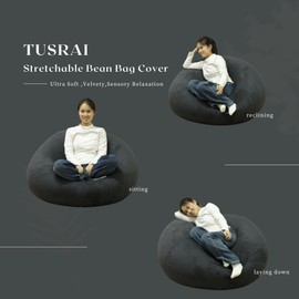 Bean Bag Cover with Liner Only Removable 3ft (No Filler) Ultra Soft Velvety Luxurious Stretch Microfiber Suede Bean Bag Chair Cover for Adults Indoor Pear Style Large - Black Grey