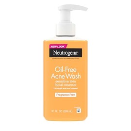 Neutrogena Limpiador facial para acné sin aceite, sin fragancia, limpiador facial de piel sensible con tratamiento de acné de ácido salicílico al 2% p