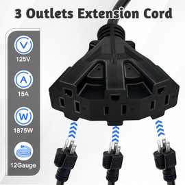 12 Gauge 3 Outlet Outdoor Extension Cord 12/3 Heavy Duty Power Cord Waterproof 3 Way Triple Tap Extension Cord Splitter with 3 Prong Grounded Plug 15A 1875W 12AWG SJTW,UL Listed (15 FT)