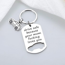 Funny Drive Safe Keychain for Her Him, Coolest Gifts for 19 Year Old Boy, Son Daughter Keychain Gifts from Dad Mom, New Driver Gifts for Boys Girls, Valentines Day Gifts for Kids Teens, Car Key Chain