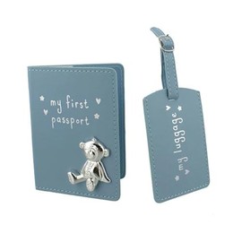 Button Corner PU My First Passport & My Luggage Tag Set with Metal Teddy icon Blue CG988B, 200 g
