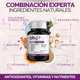 Oby Colageno Hidrolizado con Resveratrol, Biotina, Keratina y Vitamina E y Vitamina C | Suplemento Antioxidante Vitybell para Piel, Cabello y Uñas | 60 Cápsulas Premium | Vitaminas Mujer y Hombre