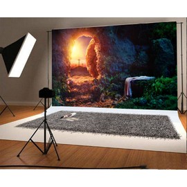 Leowefowa 10x8ft Resurrection of Jesus Backdrop Easter Sunrise Holy Light Empty Tomb Remote Peak Three Crosses Background for Photo Bible Story Church Mural Sanctuary Decor Christianity Wallpeper