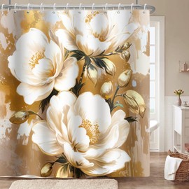 Meiguiman Vintage Floral Shower Curtain 72 x 72 Inch Farmhouse Gold Boho Floral Gorgeous Retro Flower Shower Curtains for Bathroom Waterproof Bath Curtain with 12 Hooks