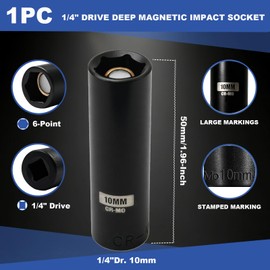 1/4" Drive 10mm Deep Magnetic Impact Socket Set, 6-Point, Cr-Mo Alloy Steel