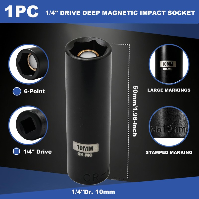 1/4" Drive 10mm Deep Magnetic Impact Socket Set, 6-Point, Cr-Mo