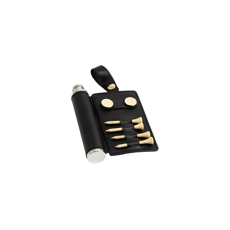 Bey-Berk 2 Oz. Stainless Steel Leather Flask With 4 Tee's,