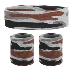 sourcing map Sweat Band Set Sports Terry Cloth Headband Wristband Set 8"x2" Moisture Wicking Sweat Absorbing Head Band for Women Men Workout Exercise (Striped Camouflage Brown/Gray)