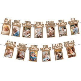 1St Birthday Photo Banner for Baby from Newborn to 12 Months,First Birthday Decorations Boy or Girl Monthly Milestones Garland,4X6,5X7 Photo Banner Pre-Strung with Frame,Kraft Paper photo frame