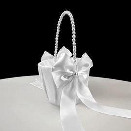Wedding Flower Girl Flower Basket with Cute Pearl Handle Bow Satin Flower Basket for Wedding Decoration and Wedding Gifts (White)
