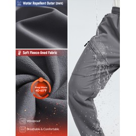 baleaf Men's Hiking Pants Softshell Waterproof Snow Thermal Fleece Lined Pants Winter Outdoor Clothing with Zipper Pockets Dark Gray M