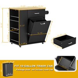 HQZX Rolling Kitchen Island with Trash Can Storage, Portable Kitchen Island on Wheels with Towel Rack & Spice Rack, Tilt Out Trash Can Cabinet with Drawer, Mobile Island Cart (Black)