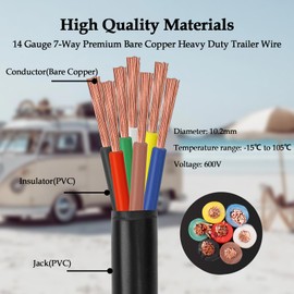 YDDECW 7 Way Trailer Wire - 14/7 Heavy Duty 50FT 100% Pure Copper 7 Wire Trailer Cable 14 Gauge 7 Conductor Wiring Extension Cable Insulated Cable for Rv Trailer and Automotiv