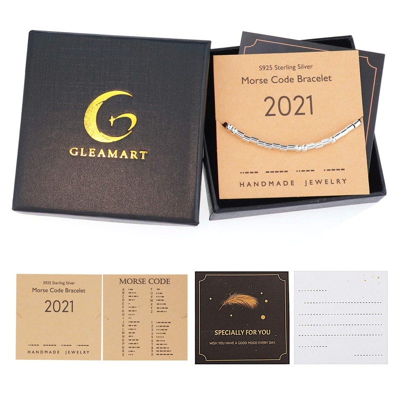 Gleamart Morse Code Bracelets Sterling Silver Beads Silk Cord Bangles