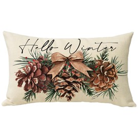 Fjfz Hello Winter Pine Cone Lumbar Decorative Throw Pillow Cover 12 x 20, Rectangular Pine Needle Bow Outdoor Home Decor, Christmas Seasonal Red Berry Sofa Couch Cushion Case