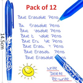 12 Erasable Pens Friction Pen Blue - Rub Out Pens Eraser Pen with Rubber, Erasable Gel Pens that Rub Out, Rubber Pen with Eraser Biro Pens for Kids Adults, Writing Pens for School Stationary Supplies