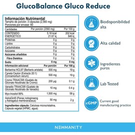 NEWMANITY GlucoBalance GlucoReduce con Berberina, Canela, Cromo, Vanadio y Astragin, Fórmula Premium 100% Vegana para Control Natural de Glucosa, Energía y Bienestar, Suplemento de 2 Meses con Ingredientes Naturales
