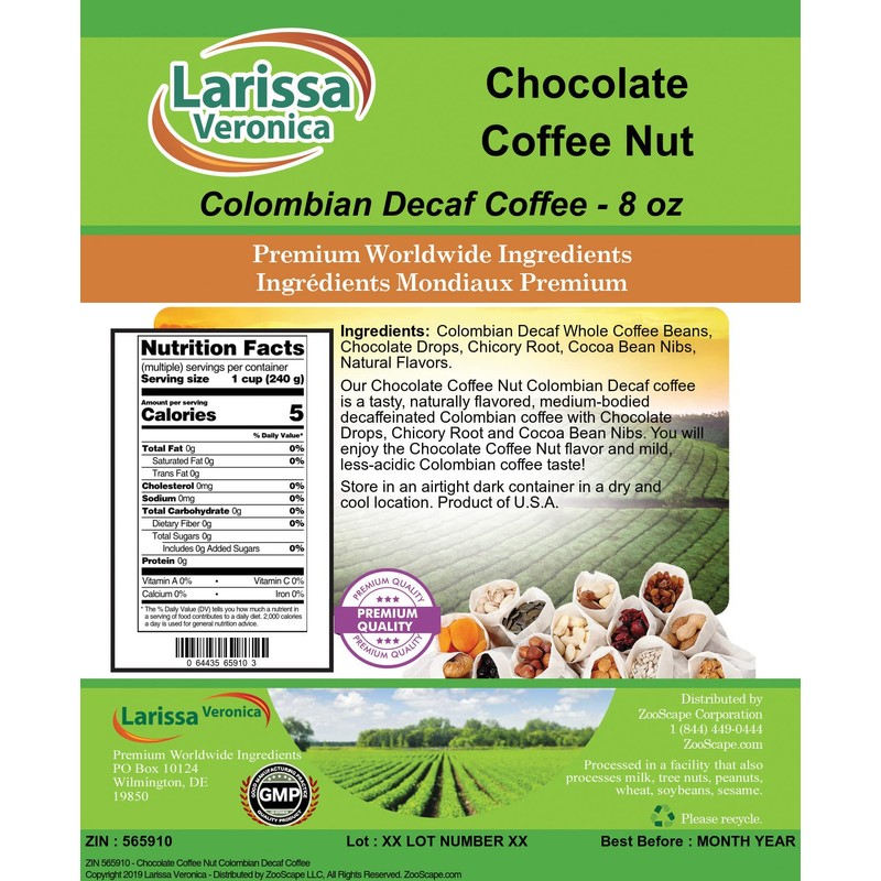 Chocolate Coffee Nut Colombian Decaf Coffee (Gourmet, Naturally Flavored, Whole