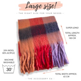 The Accessory Co. Tartan Scarf for Women - Oversized Checked Shawl Wrap, Rainbow Wool Scarf, Large Warm Winter Scarf, Chunky and Fluffy, Stylish Colour Block Design, Womens scarf (Sunset)